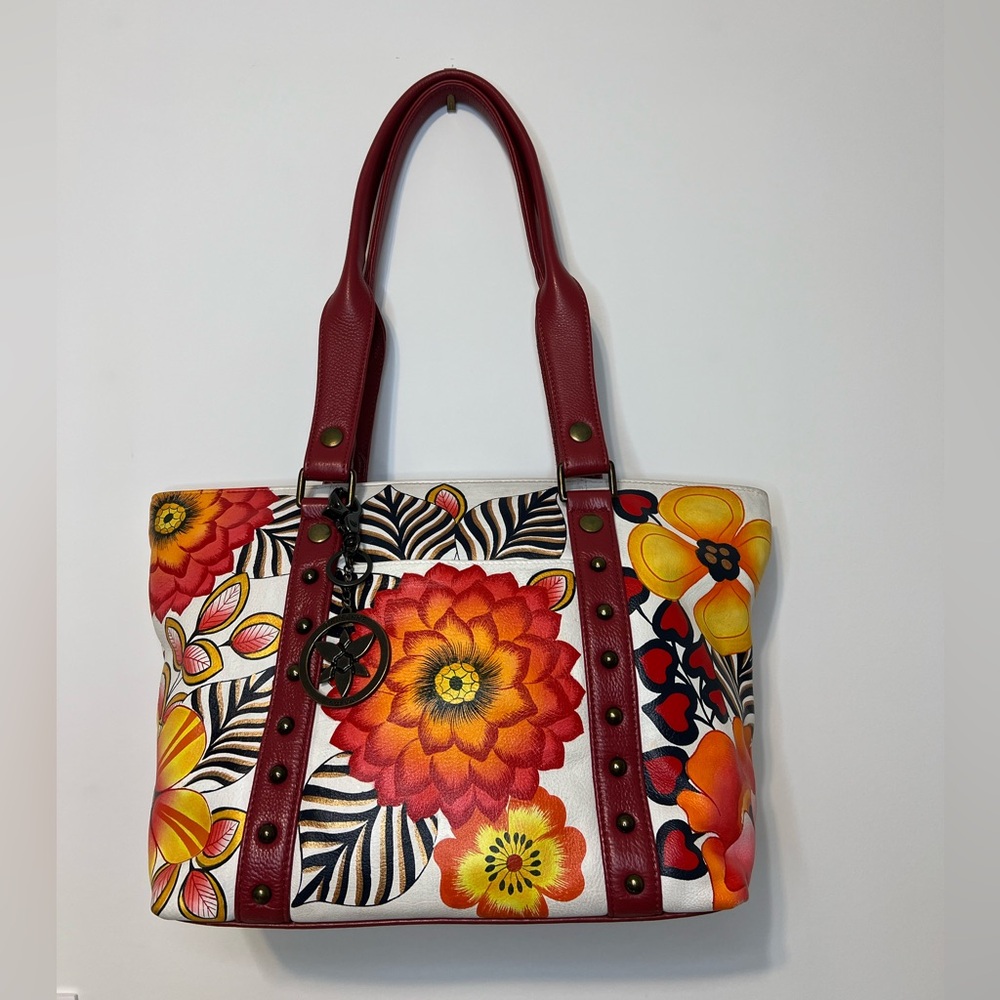 ANUSCHKA Purse Hand Painted Floral Flowers Leather Large Colourful Handbag